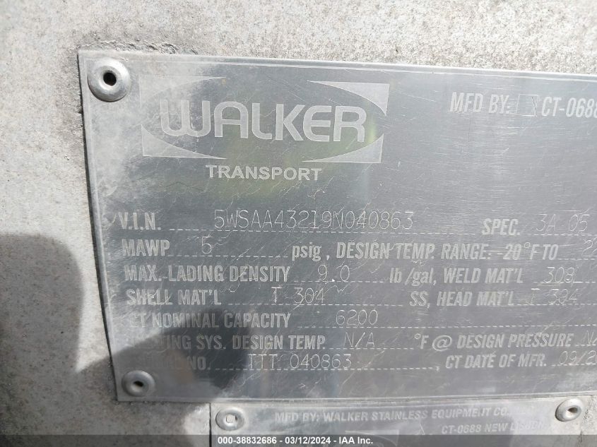 2009 Walker Stainless Equip Co VIN: 5WSAA43219N040863 Lot: 38832686