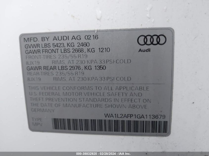 2016 Audi Q5 2.0T Premium VIN: WA1L2AFP1GA113679 Lot: 38832925