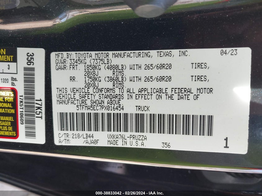 2023 TOYOTA TUNDRA 3.4L V-6 DI, DOHC, V(VIN: 5TFMA5EC7PX016454