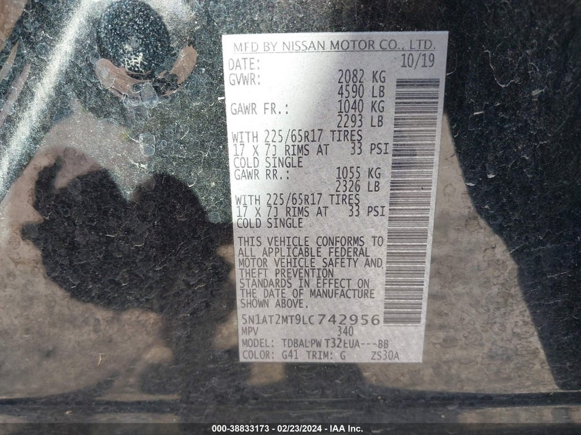 VIN 5N1AT2MT9LC742956 2020 NISSAN ROGUE S FWD