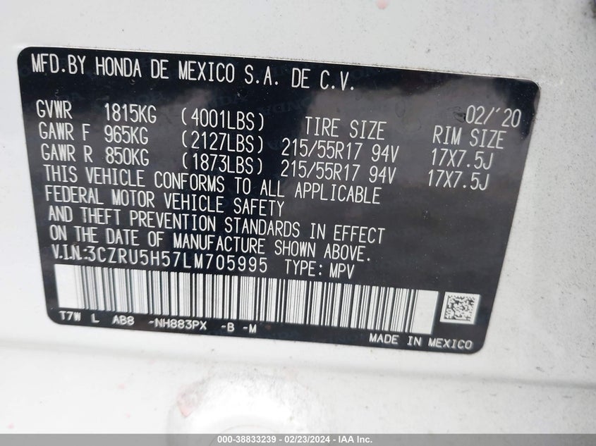 VIN 3CZRU5H57LM705995 2020 HONDA HR-V 2WD EX