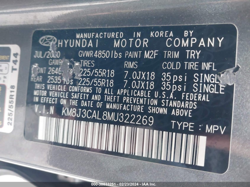 VIN KM8J3CAL8MU322269 2021 HYUNDAI TUCSON SEL