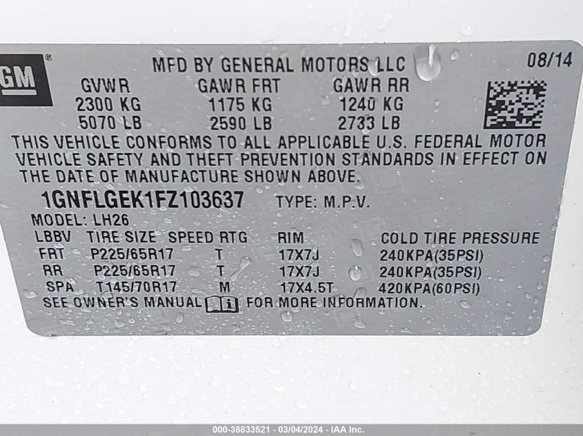 2015 CHEVROLET EQUINOX 2LT - 1GNFLGEK1FZ103637