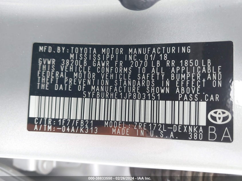 2018 TOYOTA COROLLA LE - 5YFBURHE1JP803151