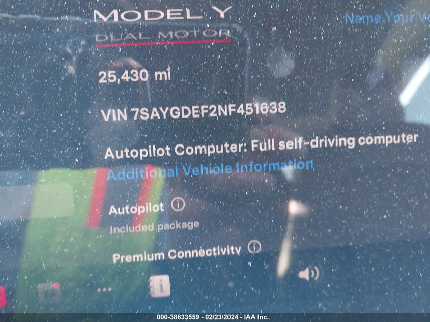 VIN 7SAYGDEF2NF451638 2022 TESLA MODEL Y PERFORMANCE DUAL MOTOR ALL-WHEEL DRIVE