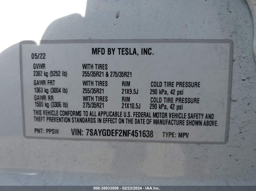 VIN 7SAYGDEF2NF451638 2022 TESLA MODEL Y PERFORMANCE DUAL MOTOR ALL-WHEEL DRIVE