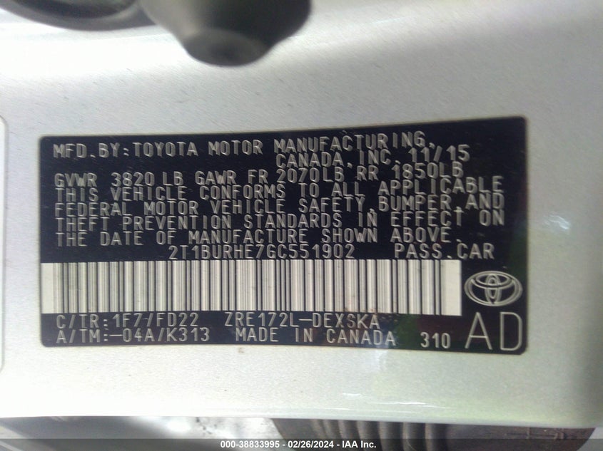 2016 TOYOTA COROLLA L/LE/LE PLS/PRM/S/S PLS - 2T1BURHE7GC551902