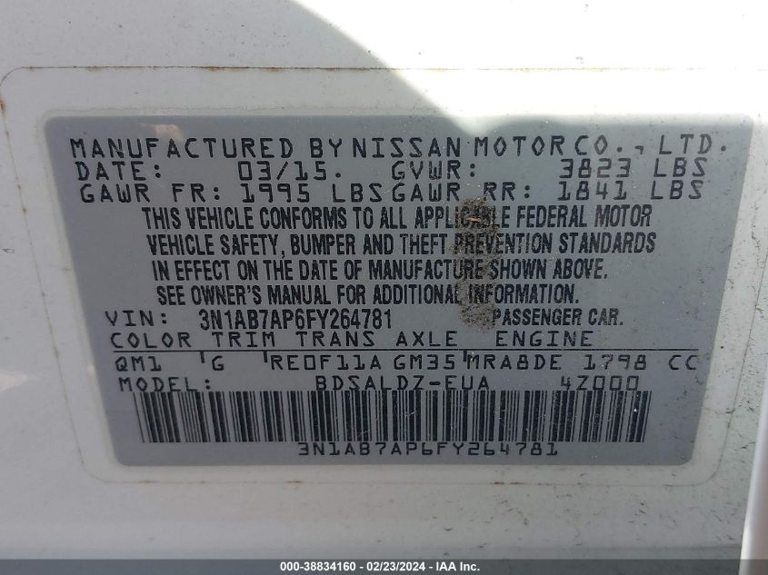 2015 Nissan Sentra Sv VIN: 3N1AB7AP6FY264781 Lot: 38834160