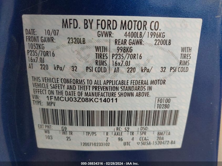 2008 Ford Escape Xlt VIN: 1FMCU03Z08KC14011 Lot: 38834316