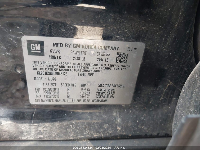 VIN KL7CJKSB6LB043123 2020 CHEVROLET TRAX FWD LS