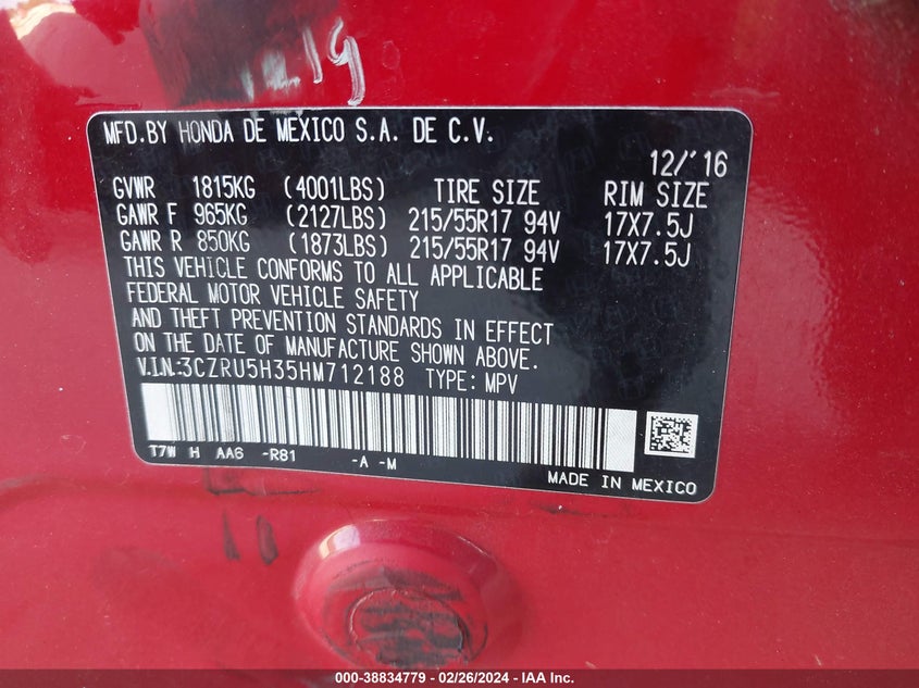 VIN 3CZRU5H35HM712188 2017 HONDA HR-V LX
