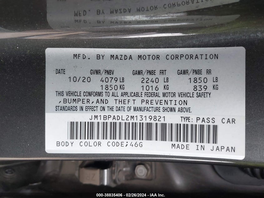VIN JM1BPADL2M1319821 2021 MAZDA MAZDA3 PREMIUM
