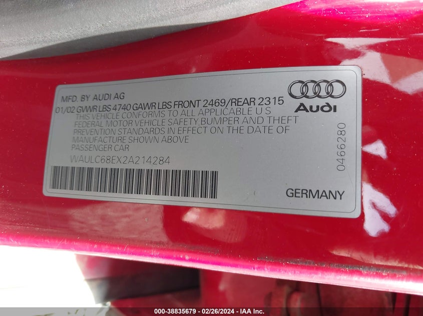 2002 Audi A4 1.8T VIN: WAULC68EX2A214284 Lot: 38835679