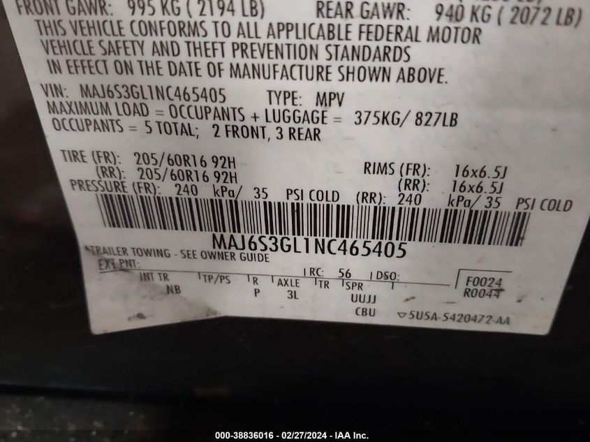 2022 FORD ECOSPORT SE - MAJ6S3GL1NC465405