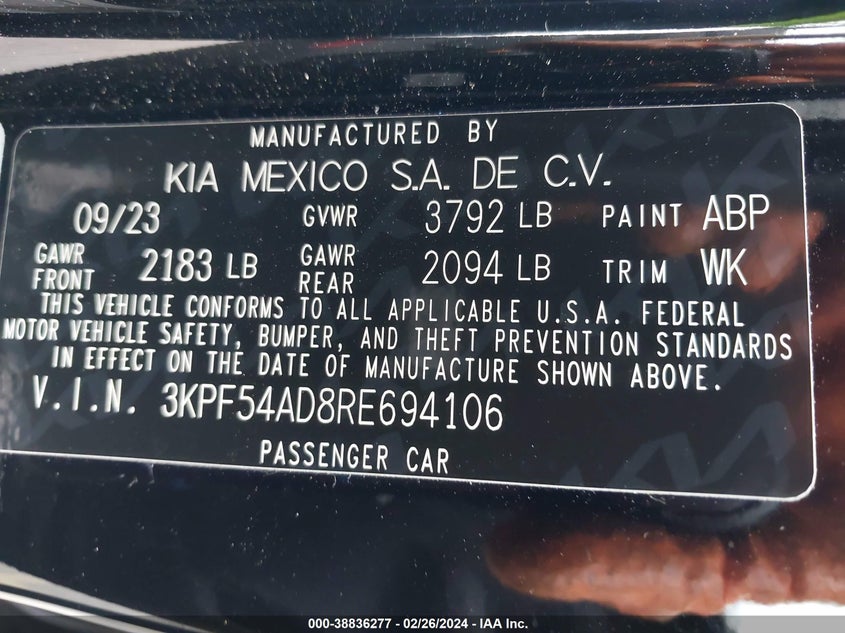 2024 KIA FORTE GT LINE - 3KPF54AD8RE694106