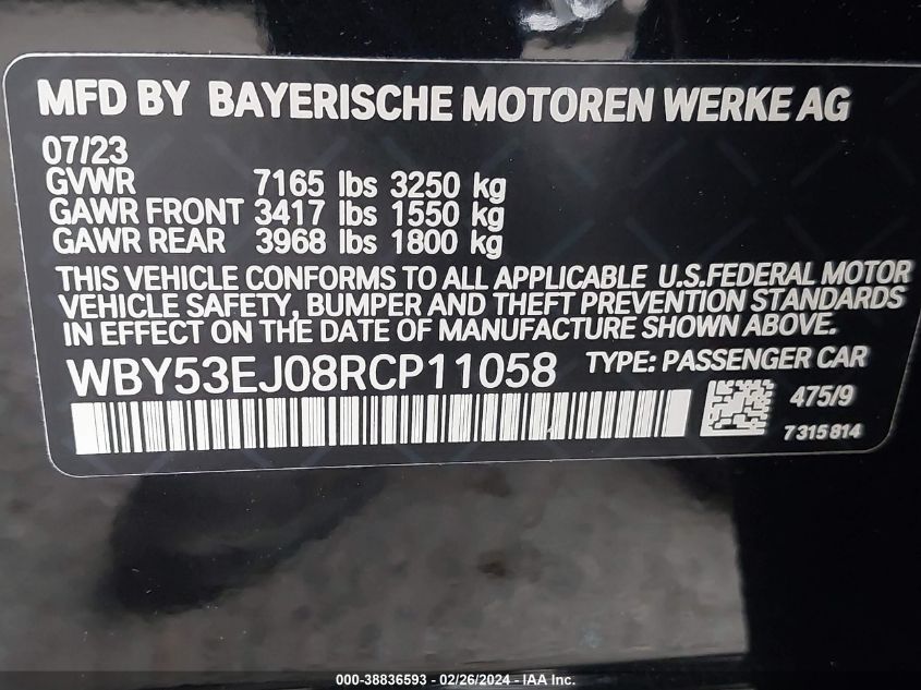 2024 BMW I7 xDrive60 VIN: WBY53EJ08RCP11058 Lot: 38836593