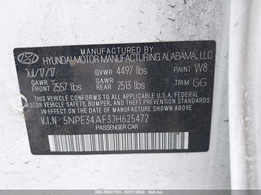 VIN 5NPE34AF3JH625472 2018 HYUNDAI SONATA SEL