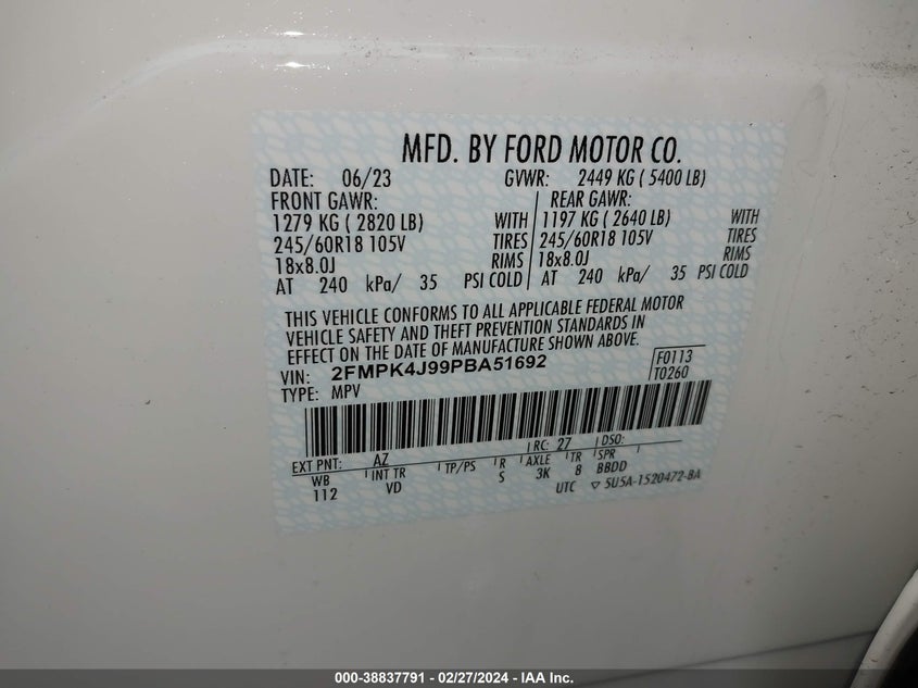 VIN 2FMPK4J99PBA51692 2023 FORD EDGE SEL