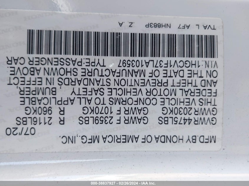 2020 HONDA ACCORD SPORT - 1HGCV1F37LA103597