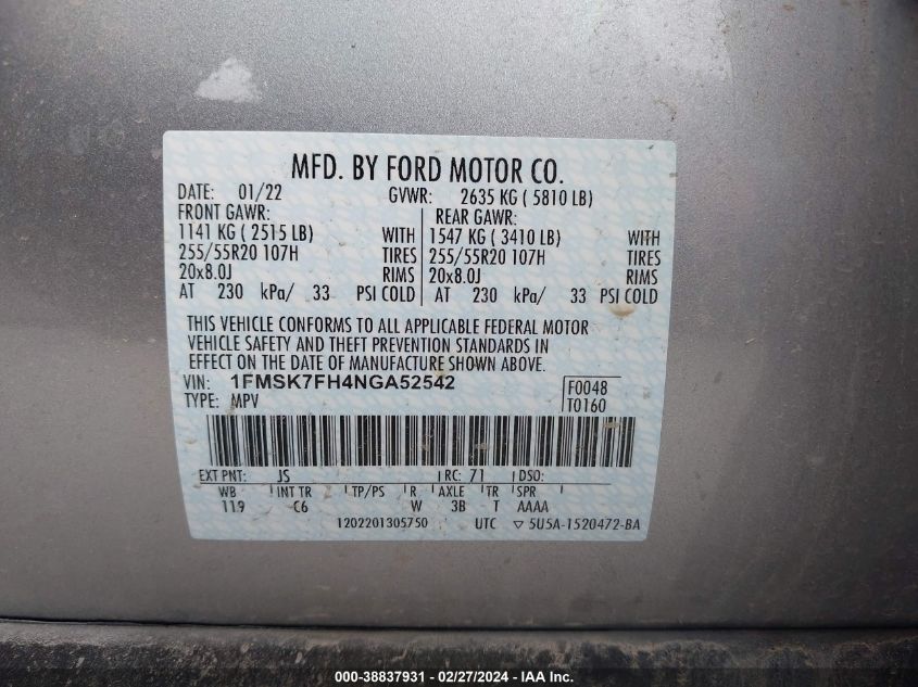 1FMSK7FH4NGA52542 2022 Ford Explorer Limited