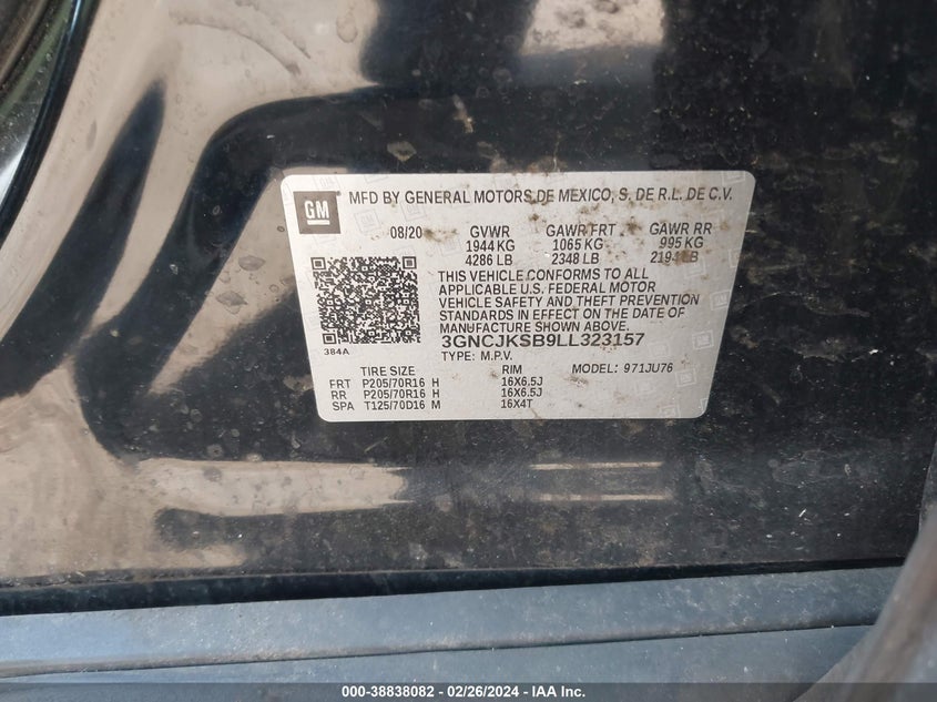 VIN 3GNCJKSB9LL323157 2020 CHEVROLET TRAX FWD LS