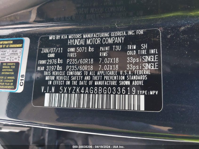 2011 Hyundai Santa Fe Limited V6 VIN: 5XYZK4AG8BG033619 Lot: 38838206