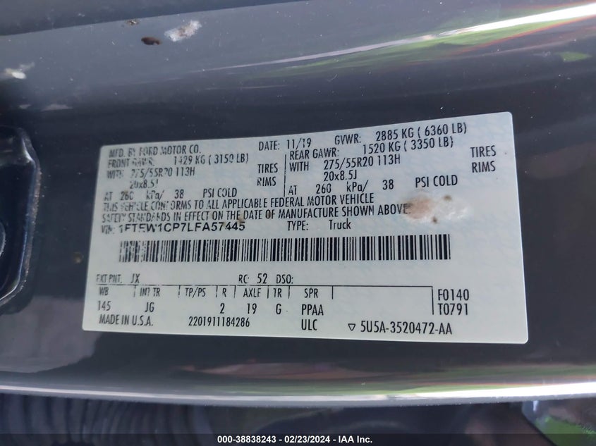 VIN 1FTEW1CP7LFA57445 2020 FORD F-150 XL