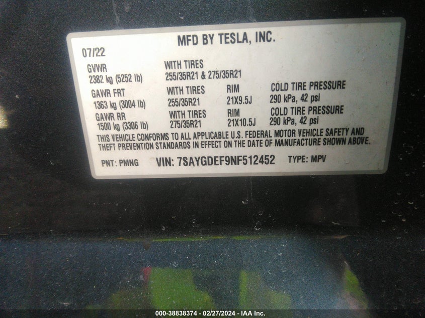 VIN 7SAYGDEF9NF512452 2022 TESLA MODEL Y PERFORMANCE DUAL MOTOR ALL-WHEEL DRIVE