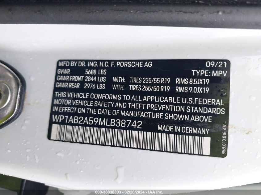 2021 PORSCHE MACAN S VIN: WP1AB2A59MLB38742