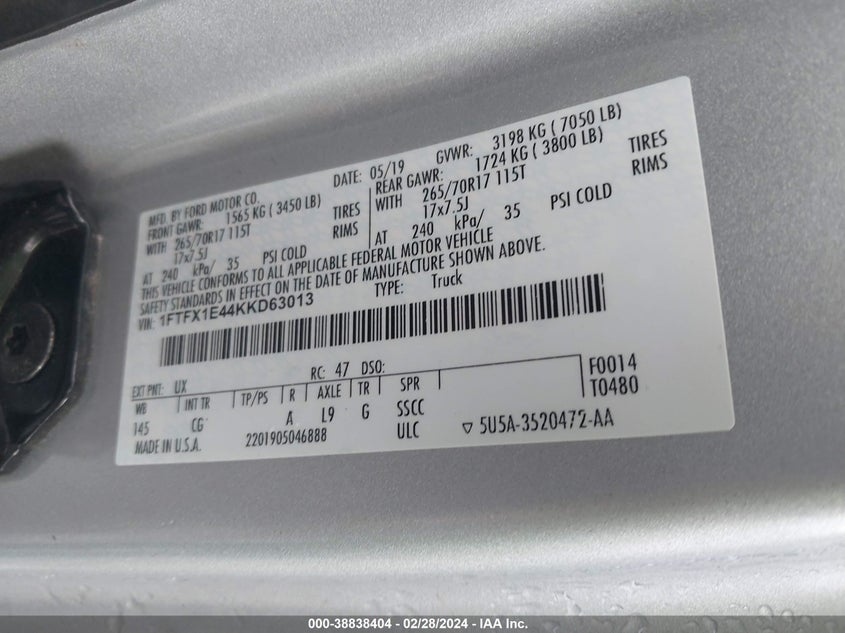 VIN 1FTFX1E44KKD63013 2019 FORD F-150 XL