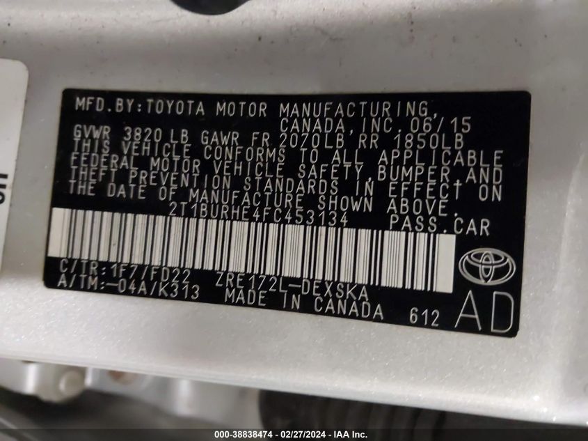 2015 TOYOTA COROLLA L/LE/LE PLS/PRM/S/S PLS - 2T1BURHE4FC453134