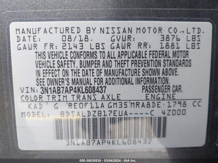 VIN 3N1AB7AP4KL608437 2019 NISSAN SENTRA SV