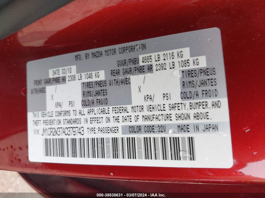 2010 Mazda Mazda5 Sport VIN: JM1CR2W37A0379743 Lot: 38838631