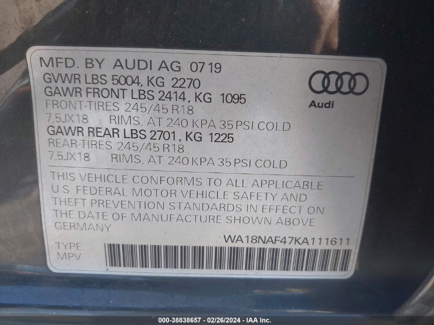 2019 Audi A4 Allroad 45 Premium VIN: WA18NAF47KA111611 Lot: 38838657