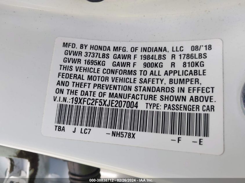 2018 Honda Civic Lx VIN: 19XFC2F5XJE207004 Lot: 38838712