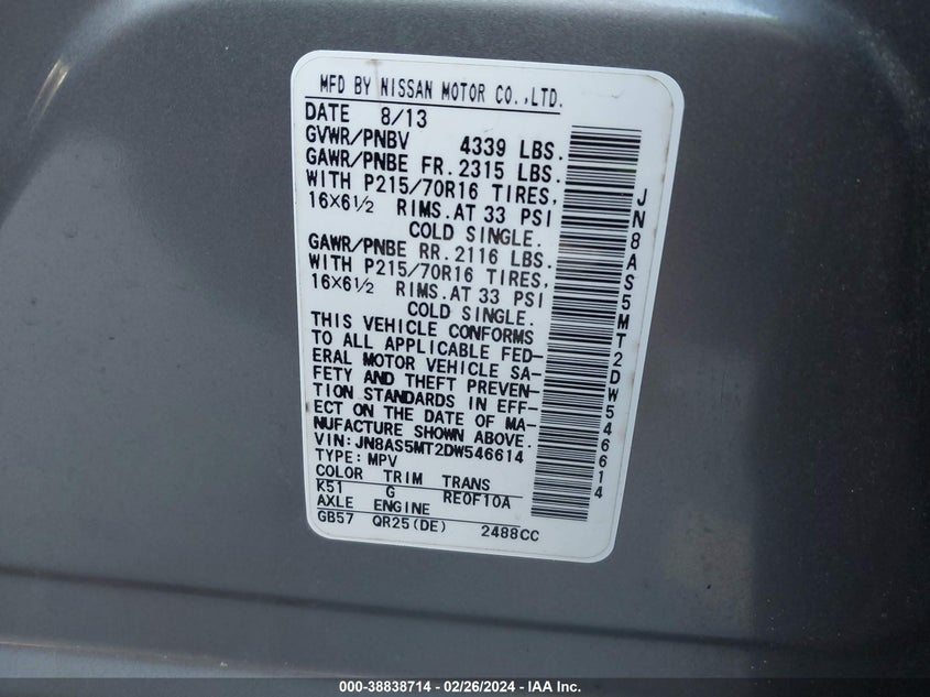 2013 NISSAN ROGUE S - JN8AS5MT2DW546614