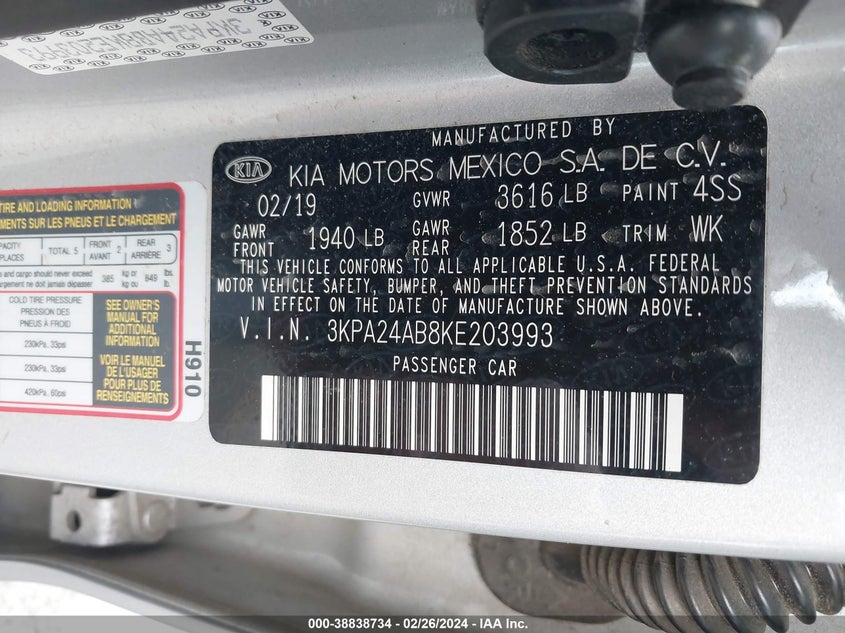 VIN 3KPA24AB8KE203993 2019 KIA RIO S