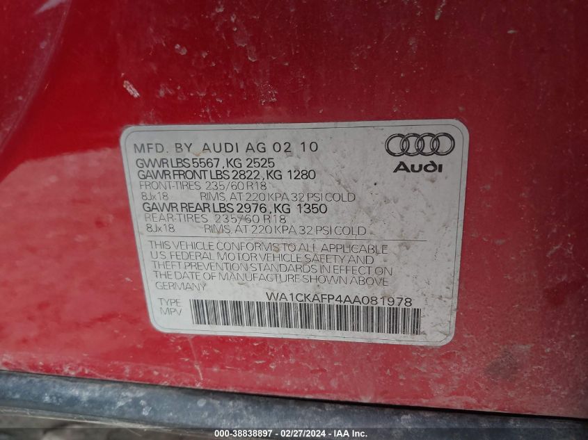 2010 Audi Q5 3.2 Premium VIN: WA1CKAFP4AA081978 Lot: 38838897