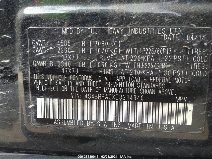 2014 SUBARU OUTBACK 2.5I - 4S4BRBACXE3314940