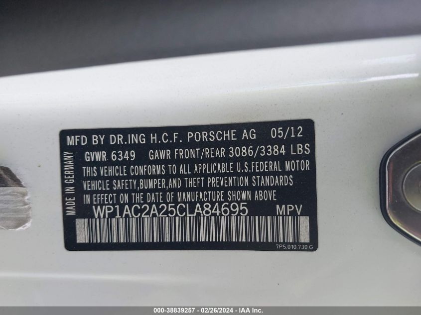 2012 Porsche Cayenne Turbo VIN: WP1AC2A25CLA84695 Lot: 38839257