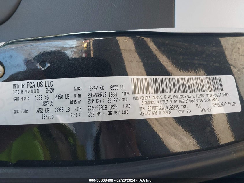 2020 CHRYSLER PACIFICA LIMITED - 2C4RC1GG7LR193085