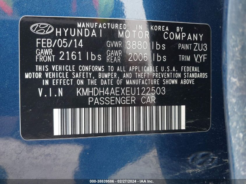 2014 Hyundai Elantra Limited VIN: KMHDH4AEXEU122503 Lot: 38839586