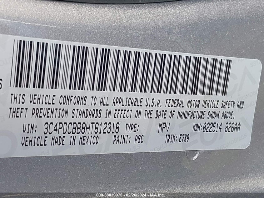 VIN 3C4PDCBB8HT612318 2017 DODGE JOURNEY SXT