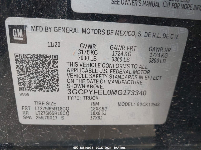 2021 CHEVROLET SILVERADO 1500 VIN: 3GCPYFEL0MG173340