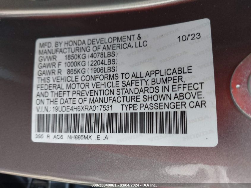 19UDE4H6XRA017531 2024 Acura Integra A-Spec W/ Technology