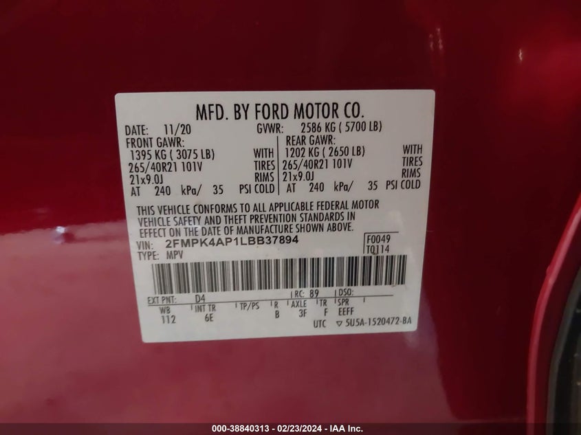 VIN 2FMPK4AP1LBB37894 2020 FORD EDGE ST