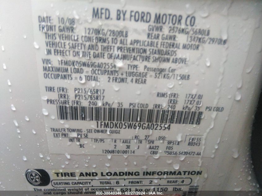 1FMDK05W69GA02554 2009 Ford Taurus X Sel