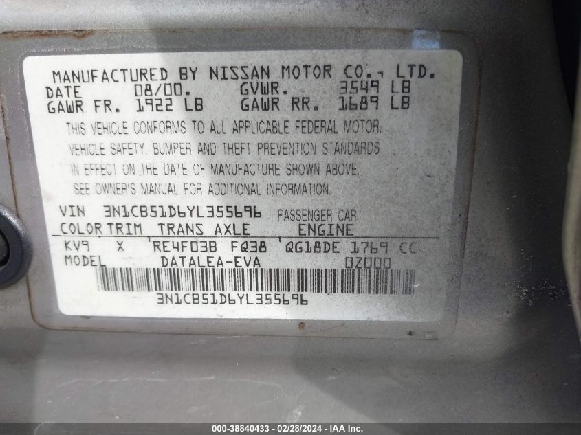 2000 Nissan Sentra Gxe/Xe VIN: 3N1CB51D6YL355696 Lot: 38840433