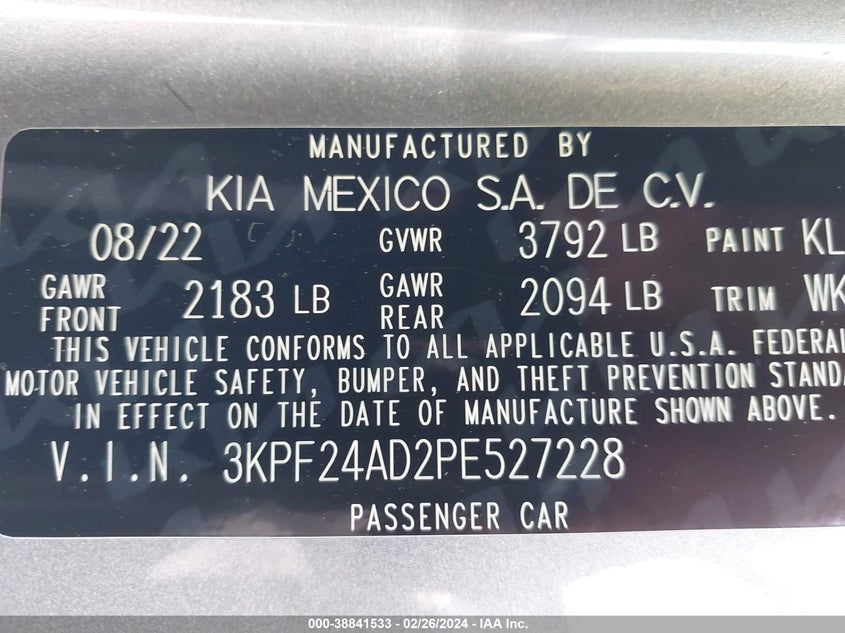 2023 KIA FORTE 2L I4   N(VIN: 3KPF24AD2PE527228