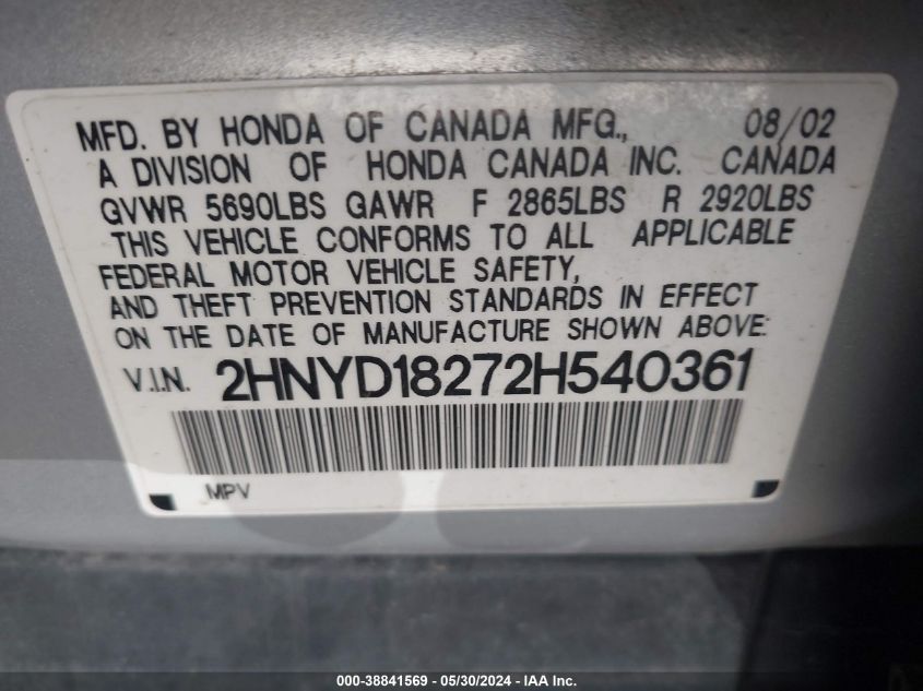 2HNYD18272H540361 2002 Acura Mdx 3.5L (A5)